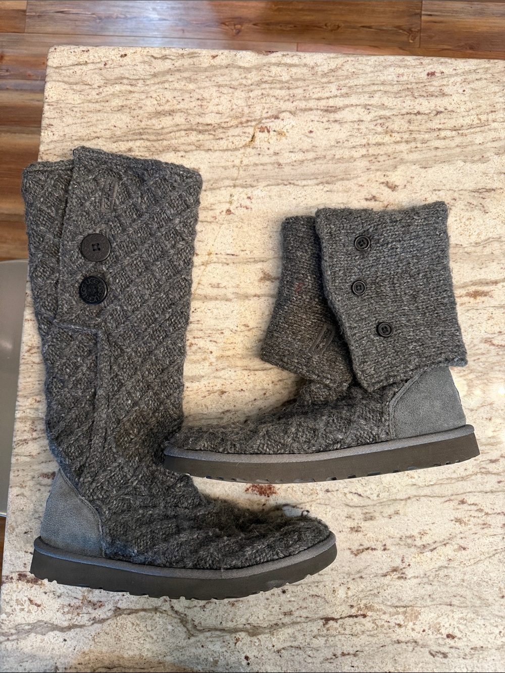 UGG Women's Gray Knit Fold-Over Buttoned Heeled Boots